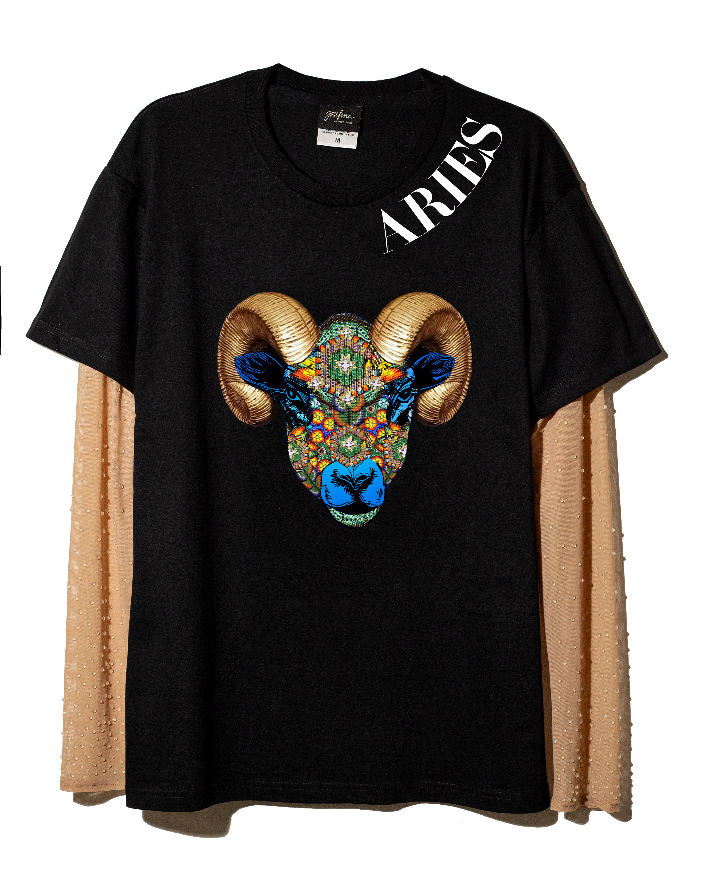 T shirt negra Aries con mangas de mesh bordadas