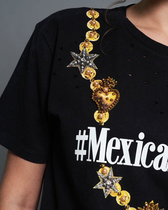 Ripped T shirt negra collar #MexicanChic