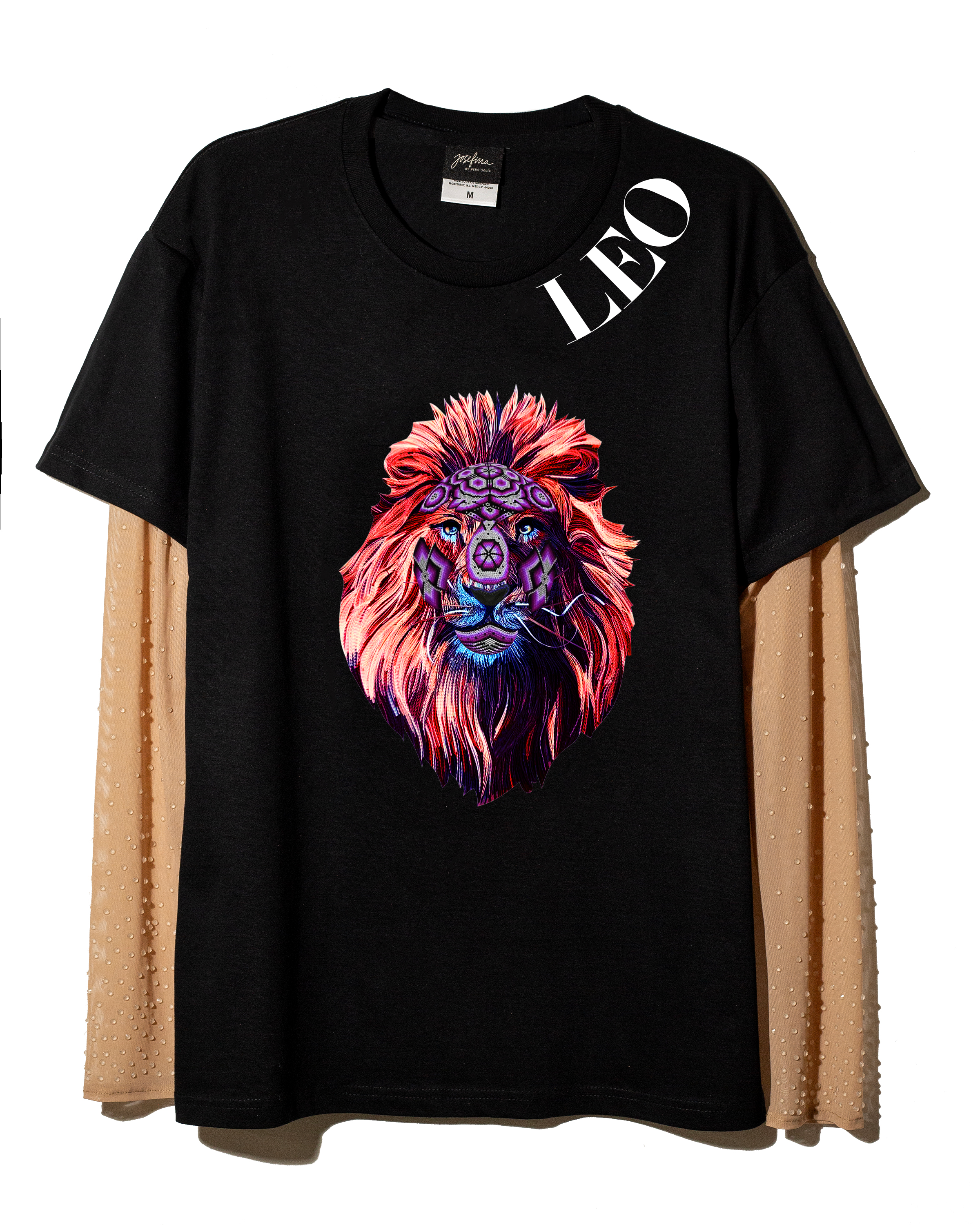 T shirt negra Leo con mangas de mesh bordadas