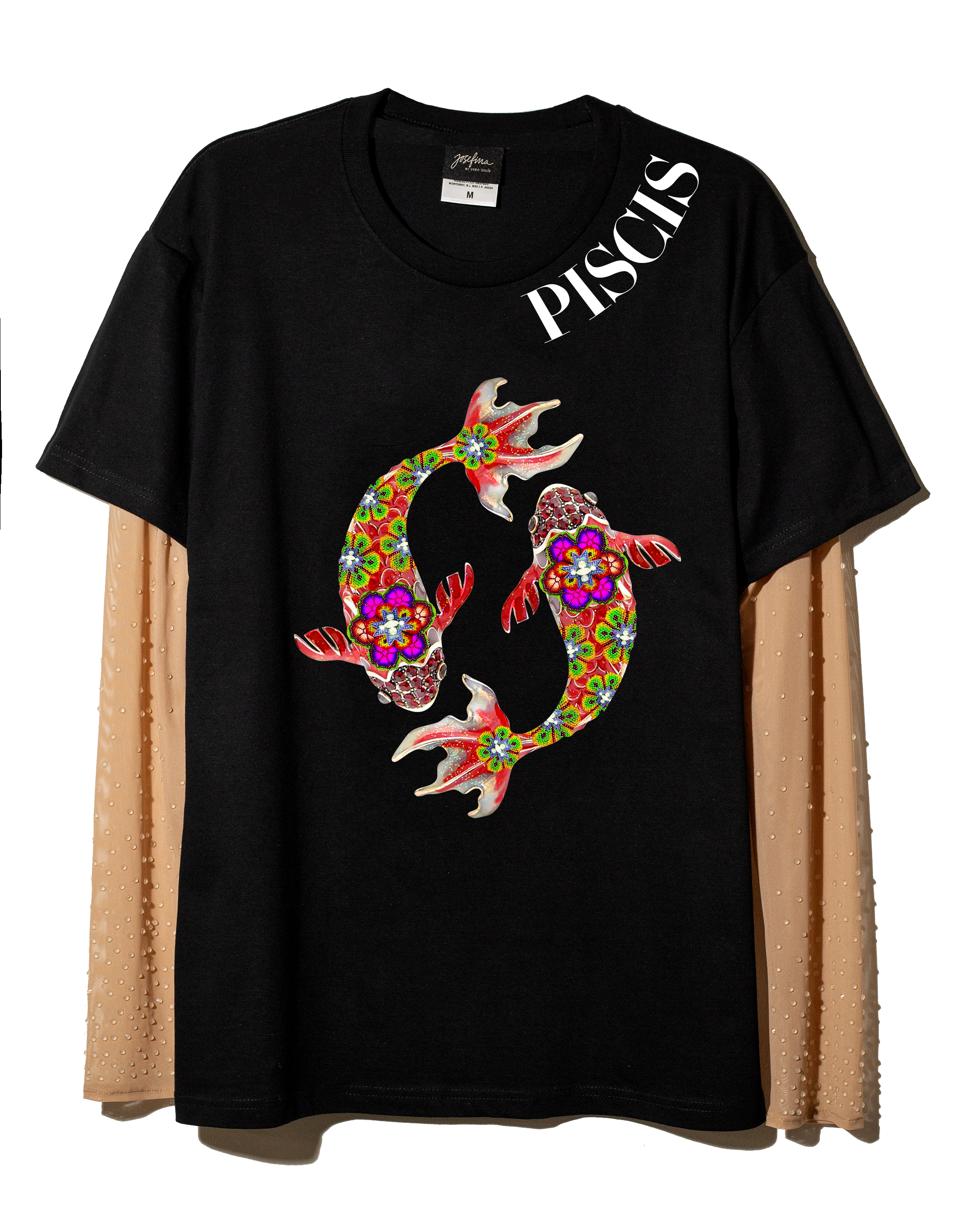 T shirt negra Piscis con mangas de mesh bordadas