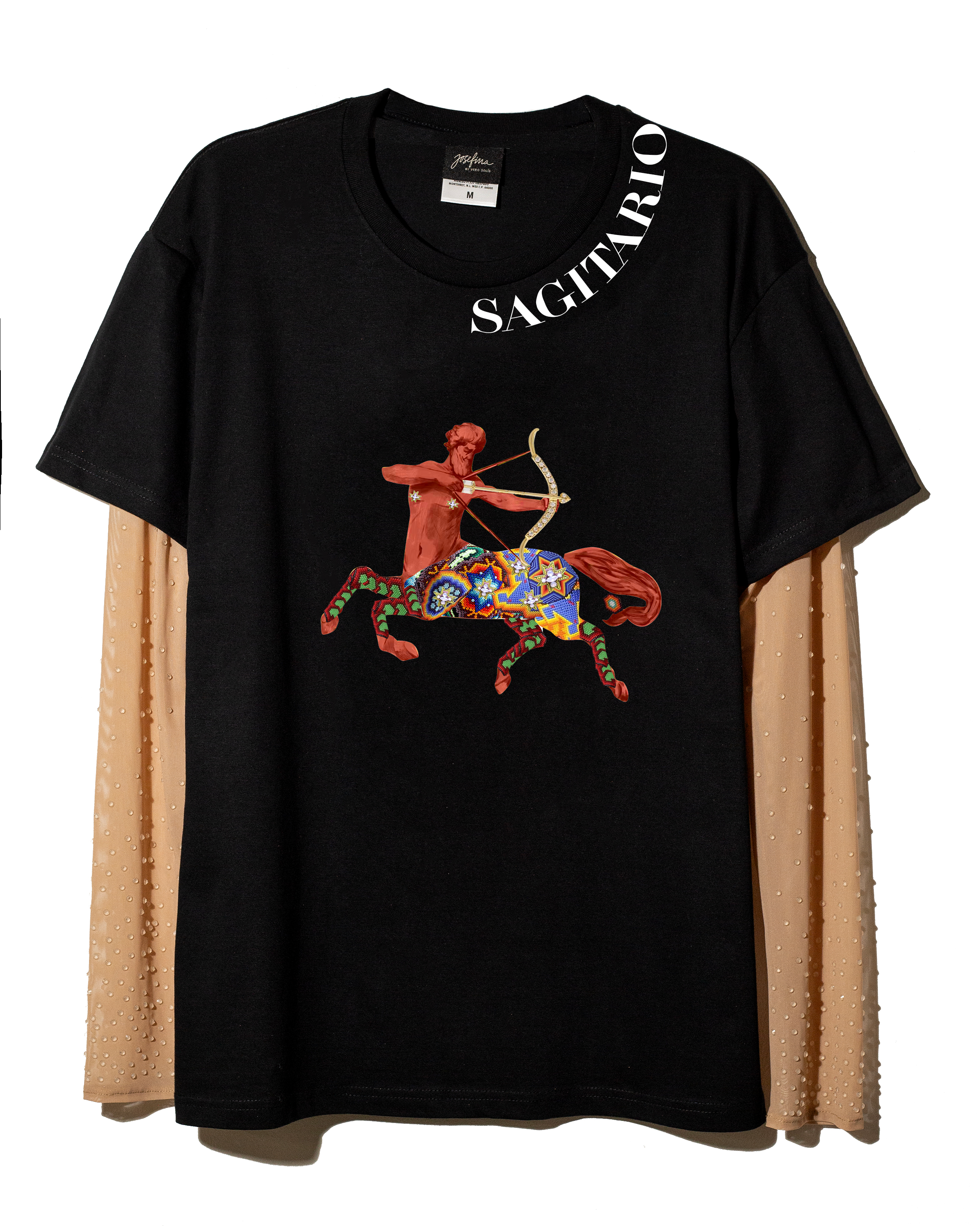 T shirt negra Sagitario con mangas de mesh bordadas