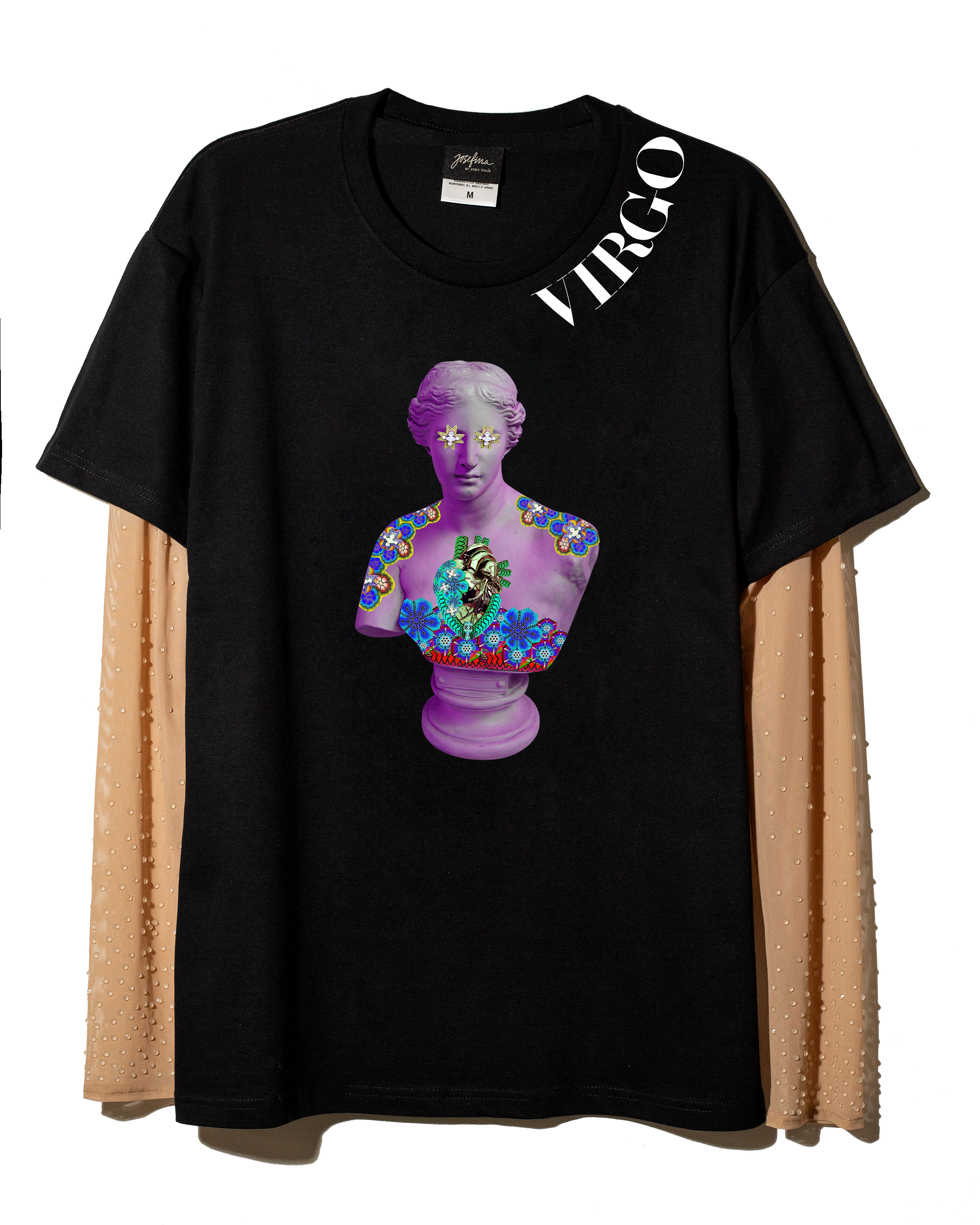 T shirt negra Virgo con mangas de mesh bordadas