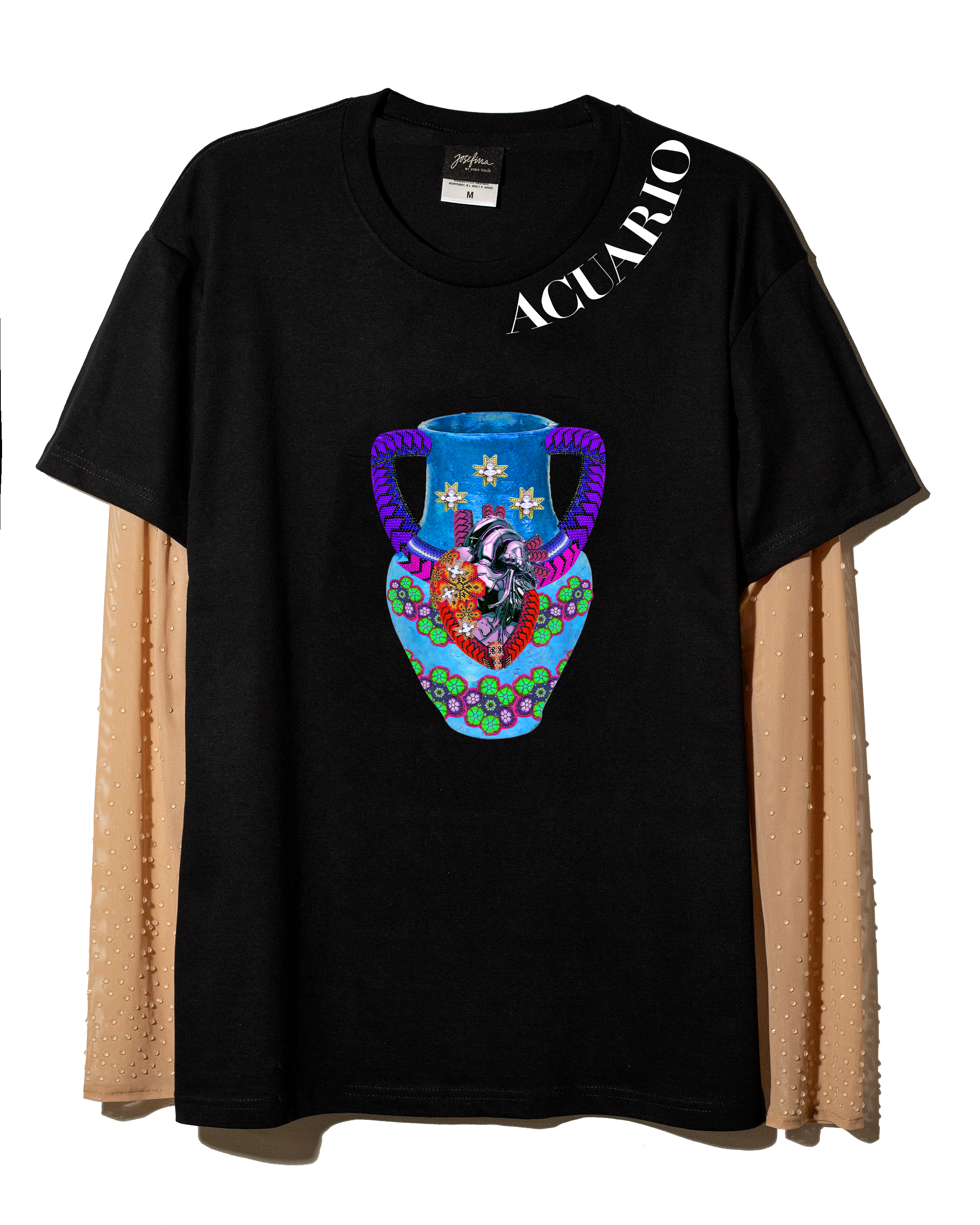T shirt negra Acuario con mangas de mesh bordadas