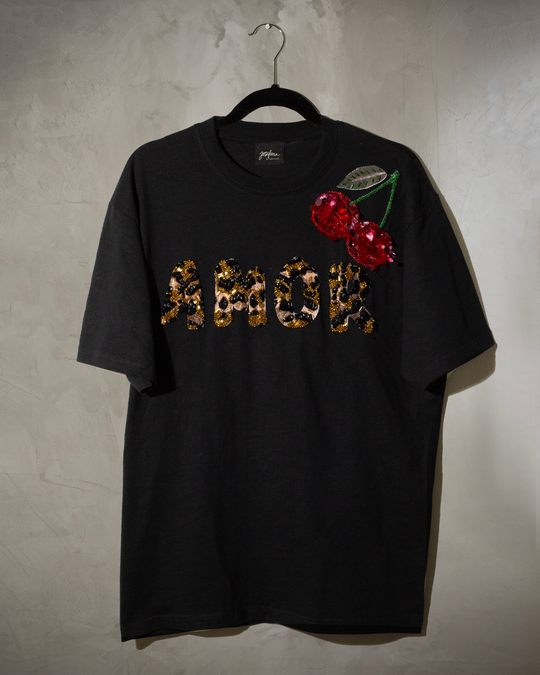 T shirt negra AMOR animal print bordada