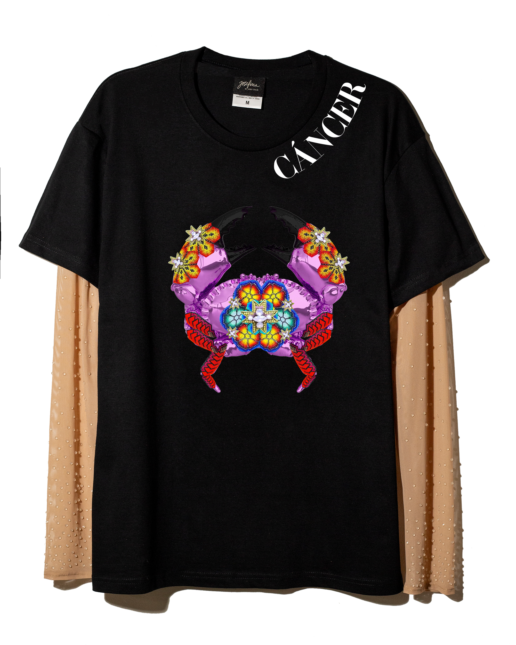 T shirt negra Cáncer con mangas de mesh bordadas