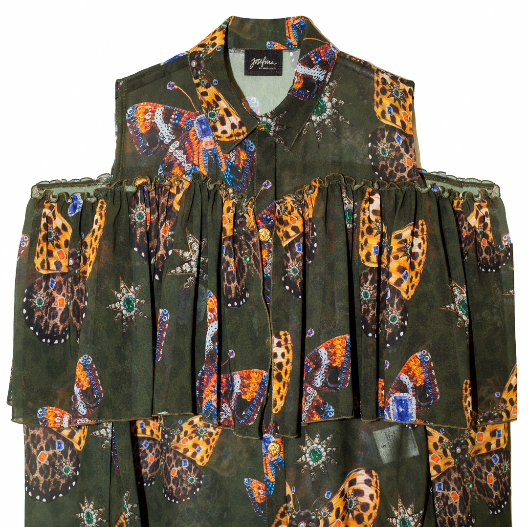 Camisera sin hombros con olan mariposas