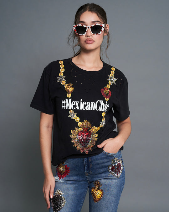 Ripped T shirt negra collar #MexicanChic