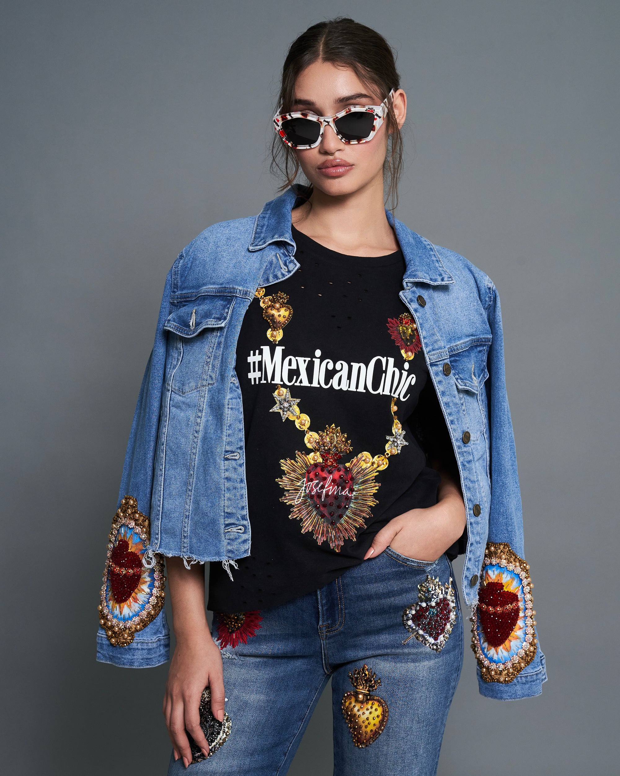 Denim jacket Sagrados Corazones con perlas