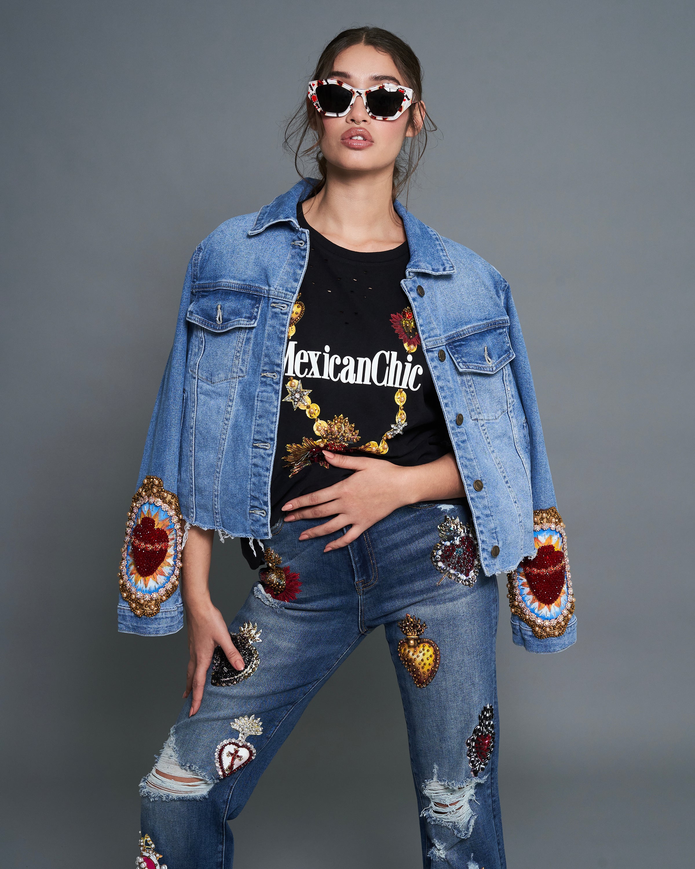 Denim jacket Sagrados Corazones con perlas