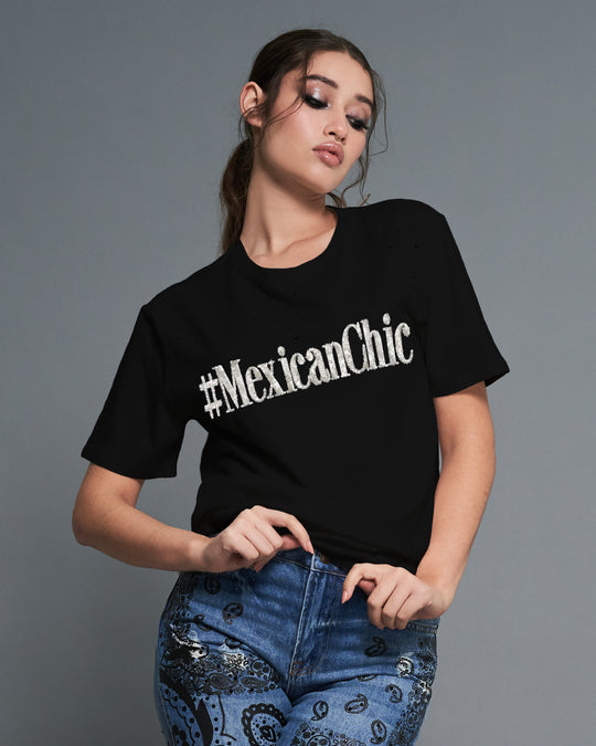 Ripped Tee negra #MexicanChic bordada