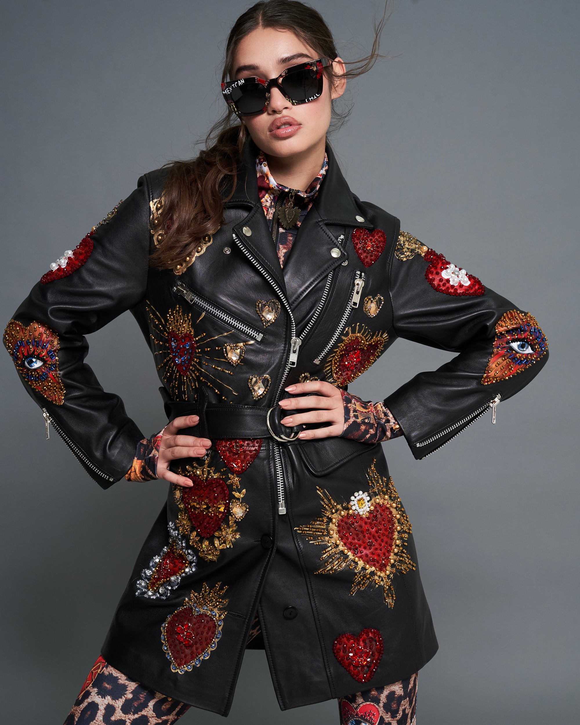 Longline biker jacket corazones