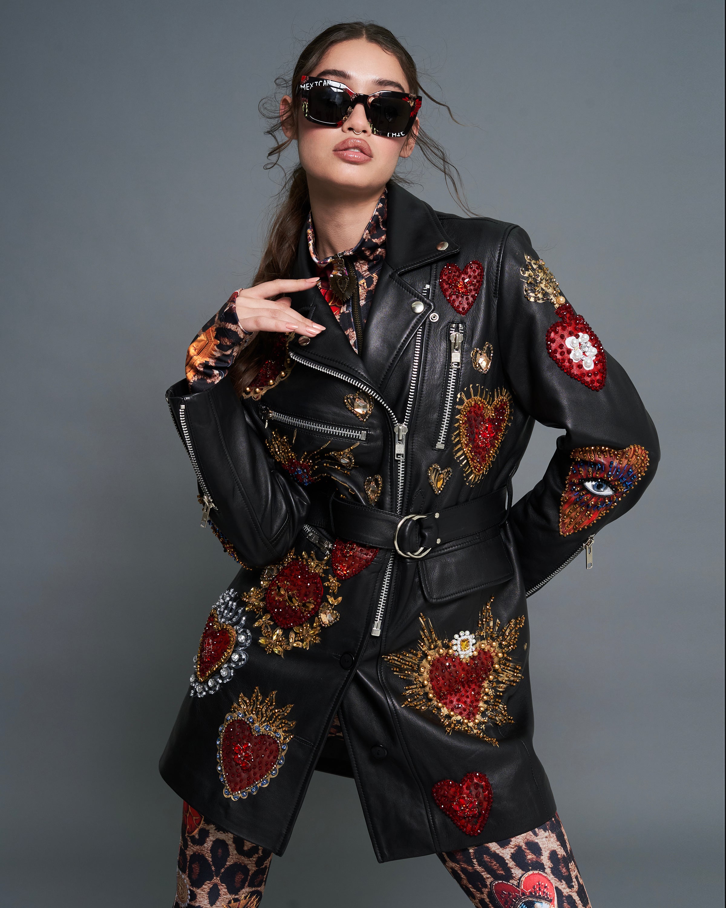 Longline biker jacket corazones