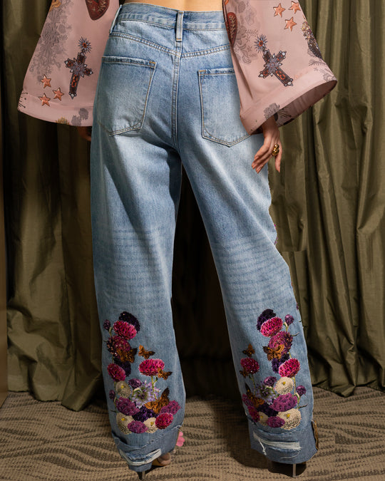 Crossover mom jeans dahlias con doblez