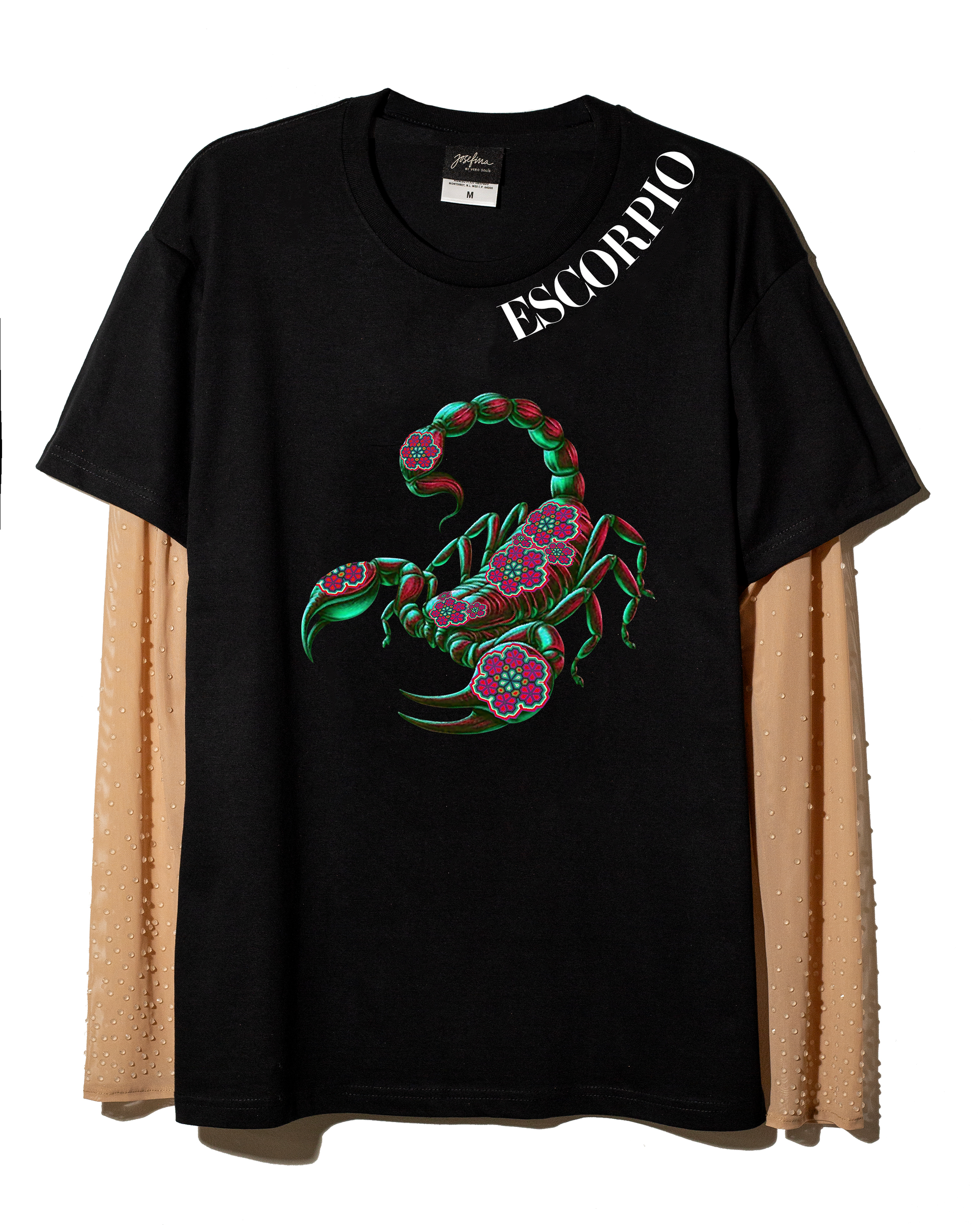 T shirt negra Escorpio con mangas de mesh bordadas