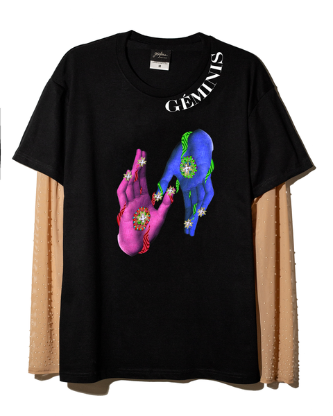 T shirt negra Géminis con mangas de mesh bordadas