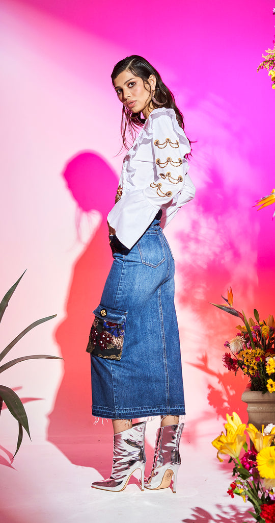 FALDA MIDI DENIM PATCHWORK