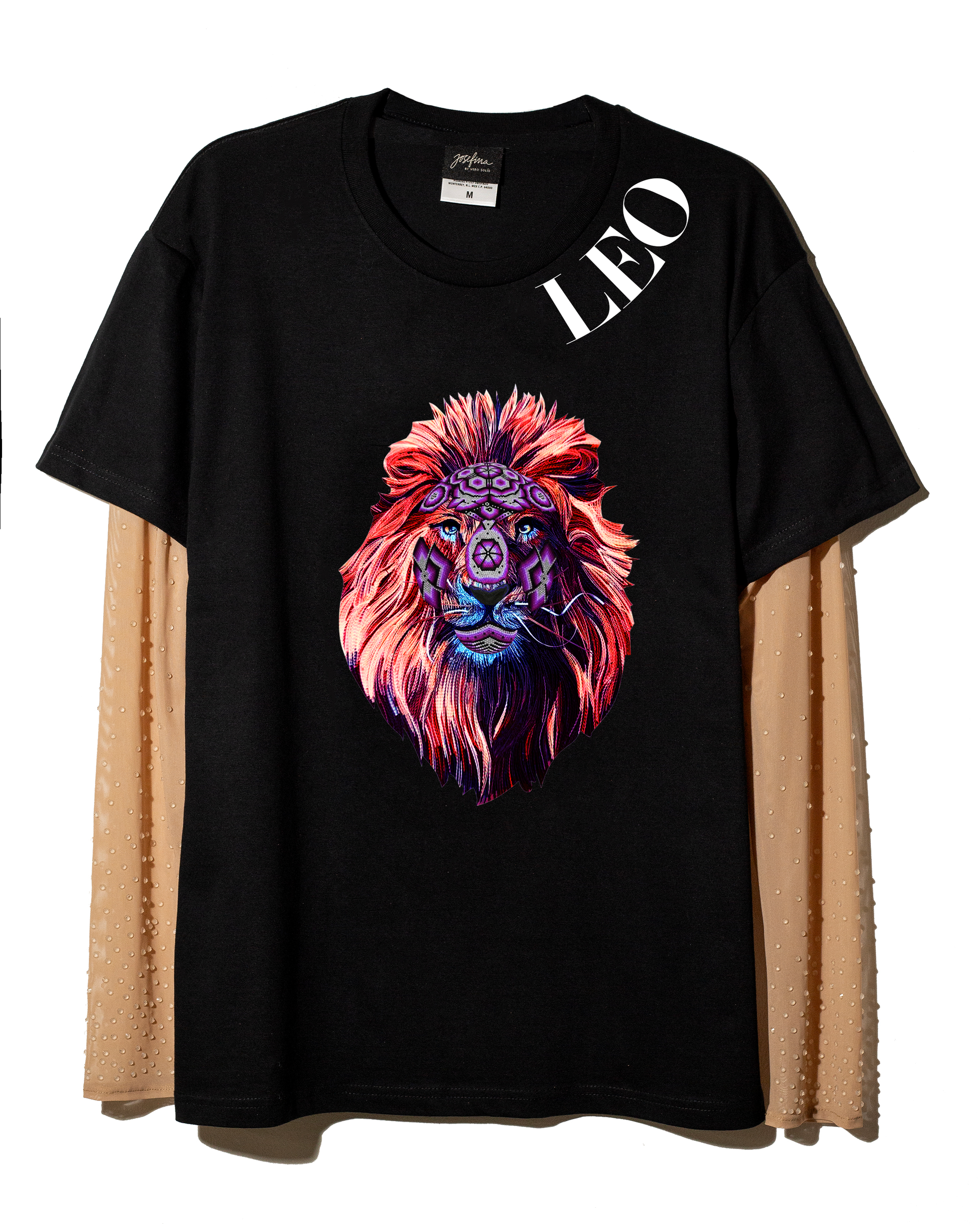 T shirt negra Leo con mangas de mesh bordadas