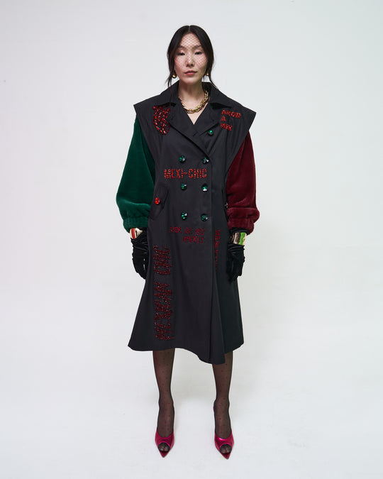 Trench coat faux fur tricolor