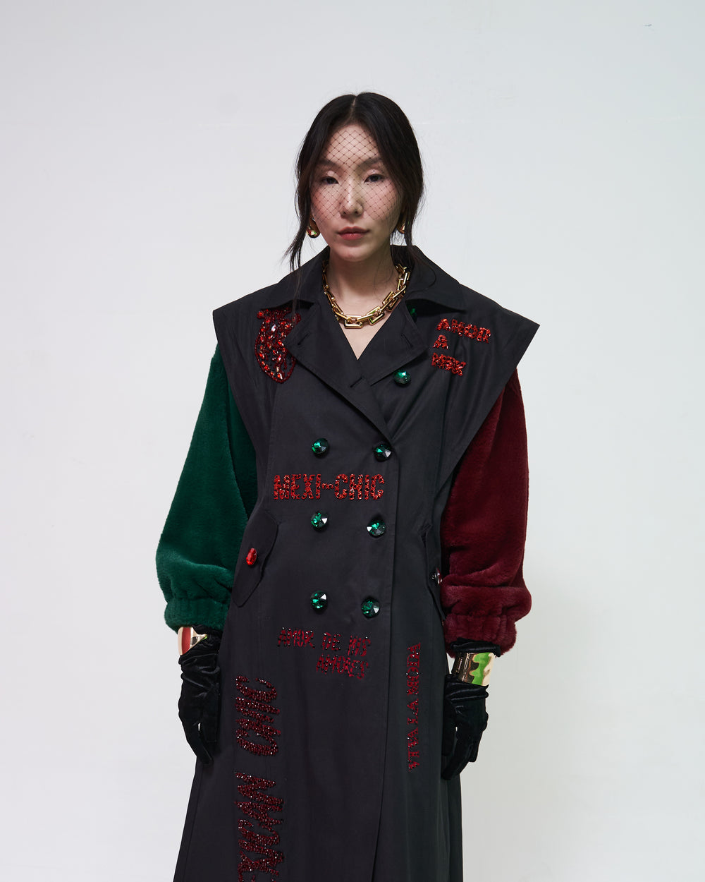 Trench coat faux fur tricolor