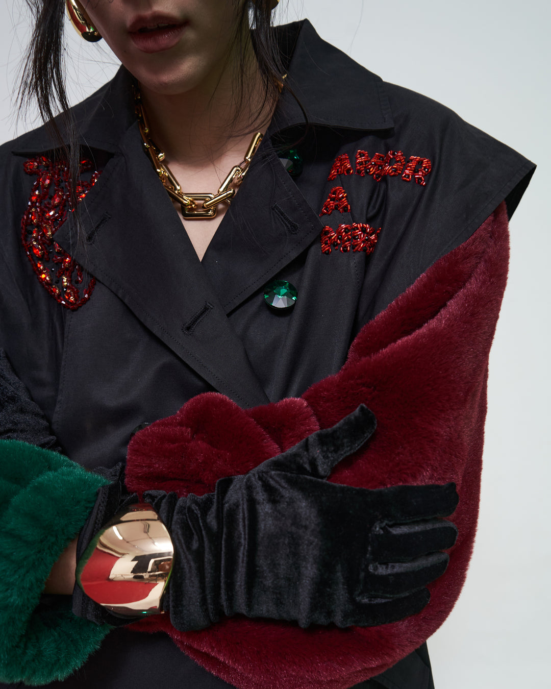 Trench coat faux fur tricolor