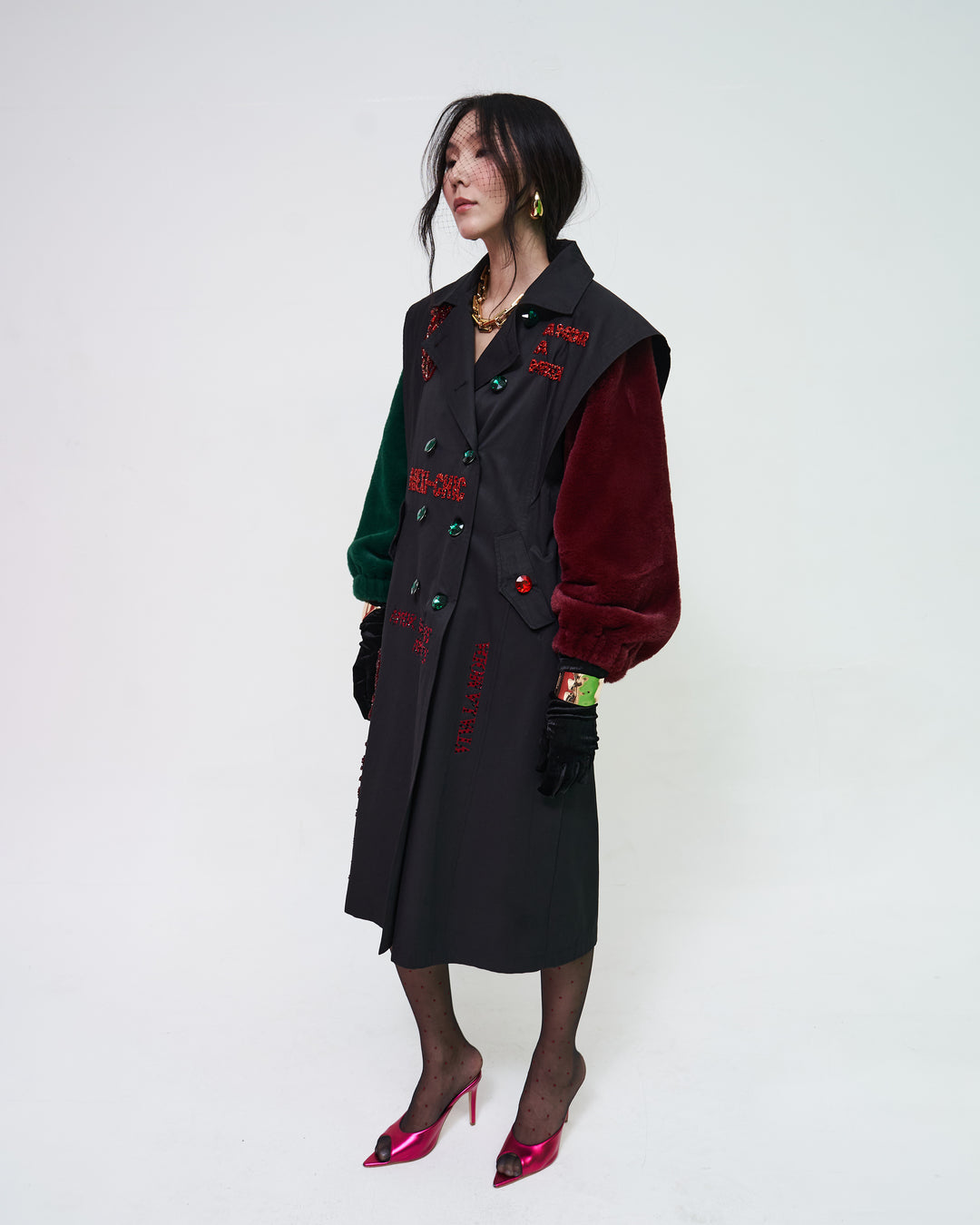 Trench coat faux fur tricolor