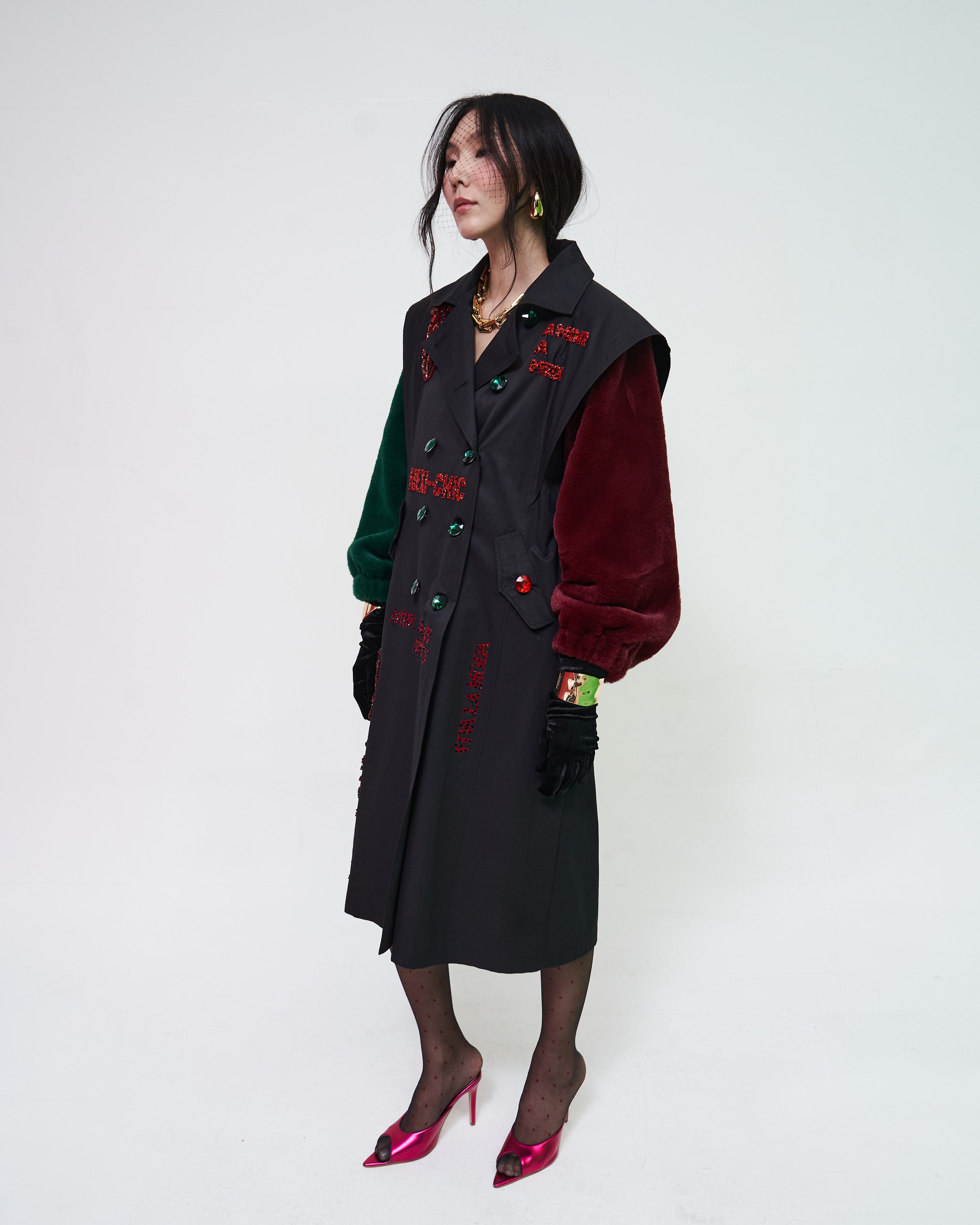 Trench coat faux fur tricolor