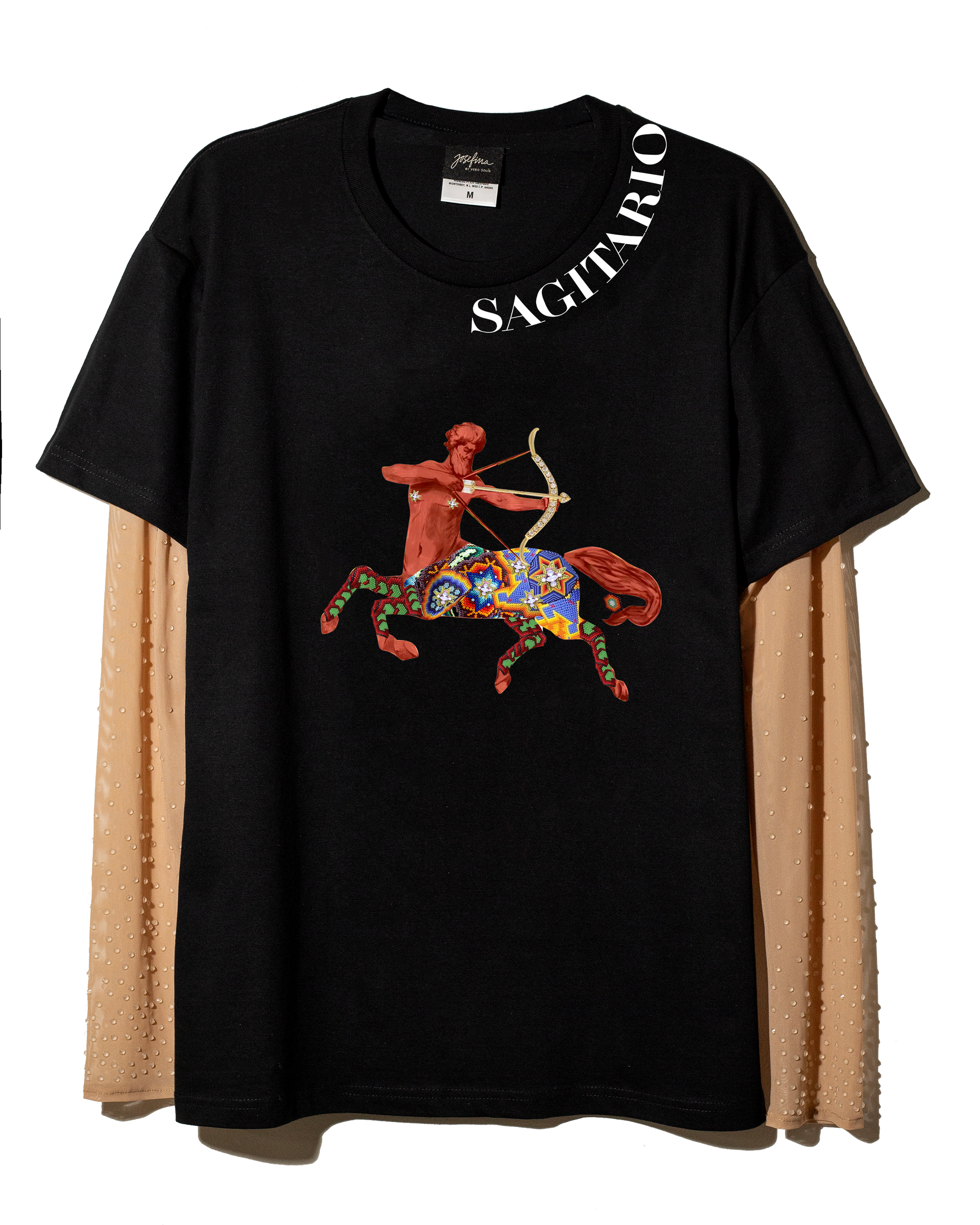 T shirt negra Sagitario con mangas de mesh bordadas