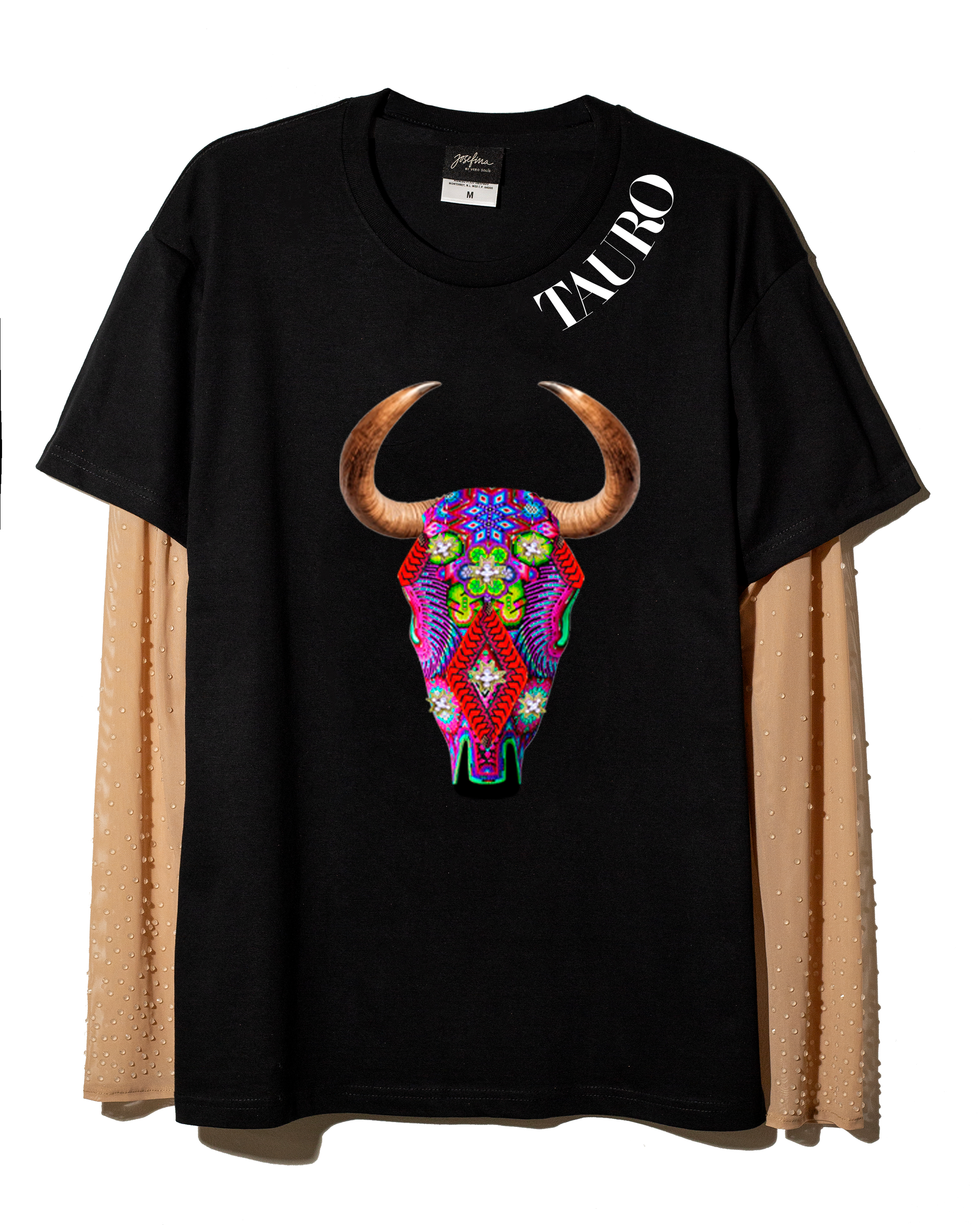 T shirt negra Tauro con mangas de mesh bordadas
