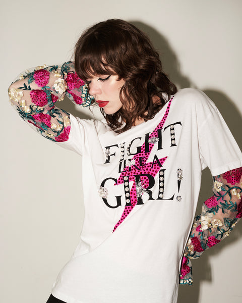 T shirt blanca con mangas de encaje Fight like a girl