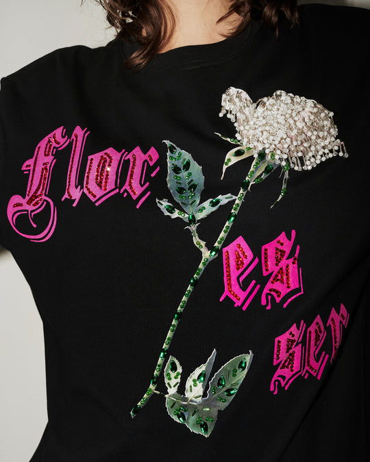 T shirt negra Flor es ser con cristales