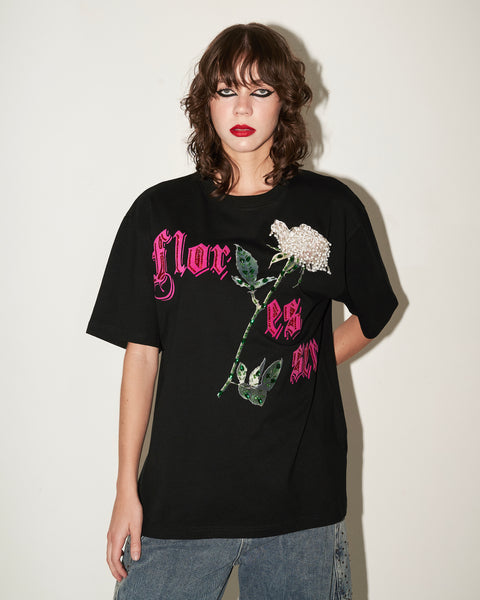 T shirt negra Flor es ser con cristales