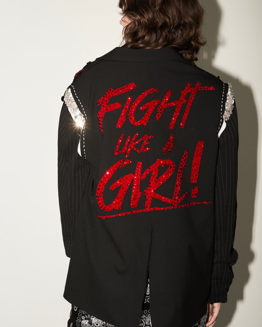 Blazer negro Fight like a girl con flecos bordados