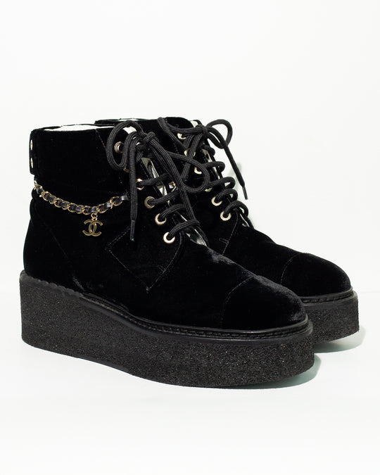 CHANEL velvet lace up boot