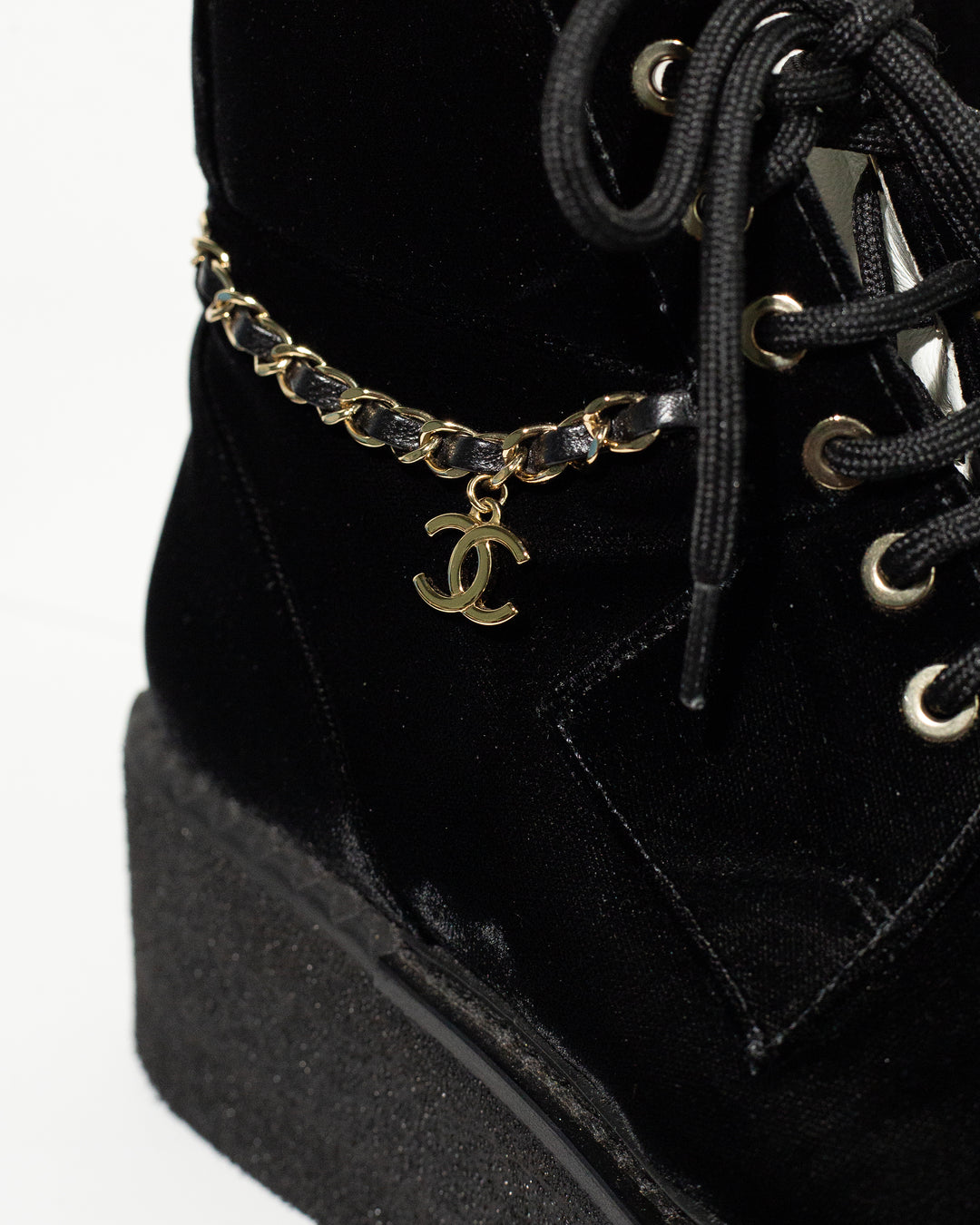 CHANEL velvet lace up boot