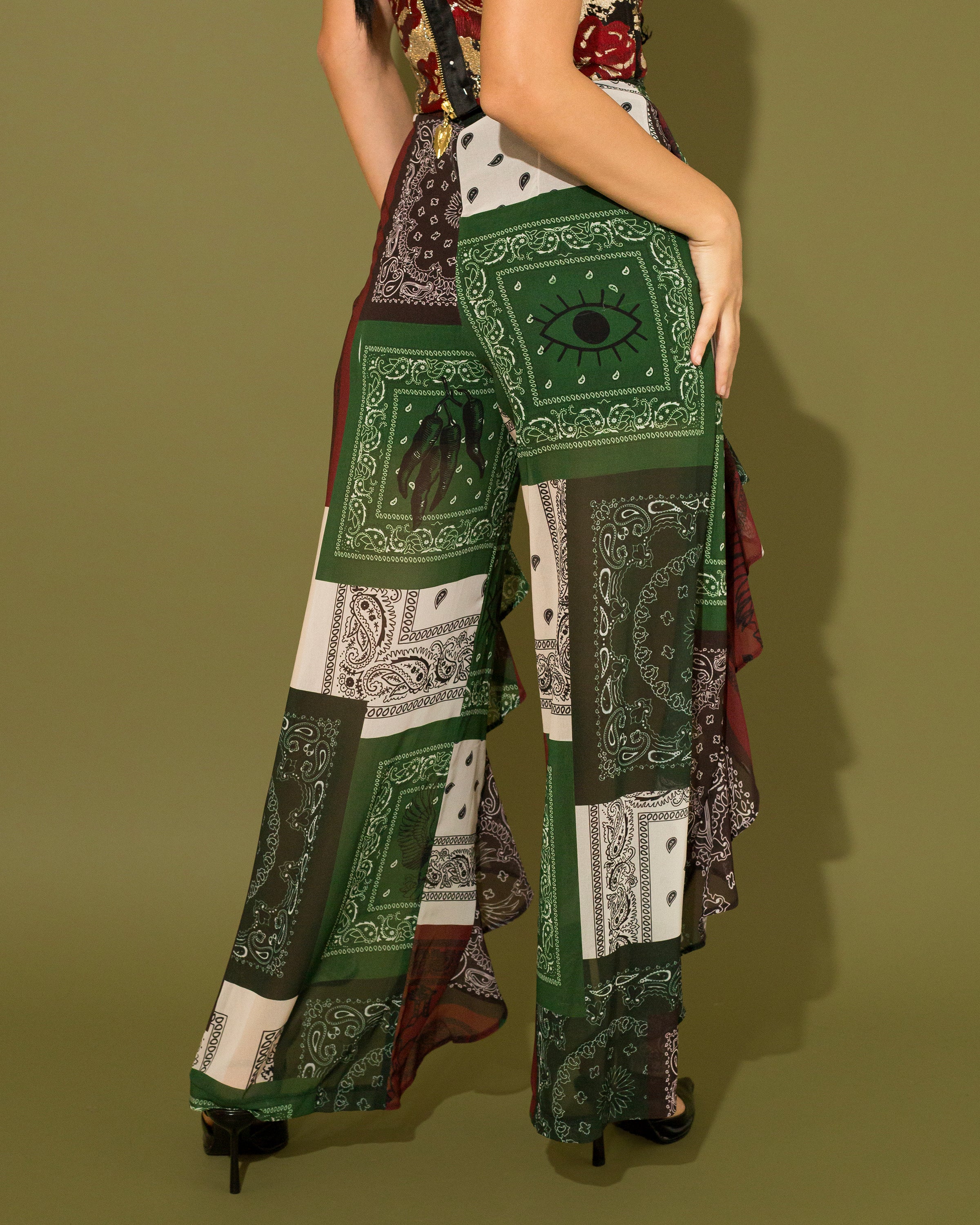 Pantalón de chiffon bandana Verde y rojo