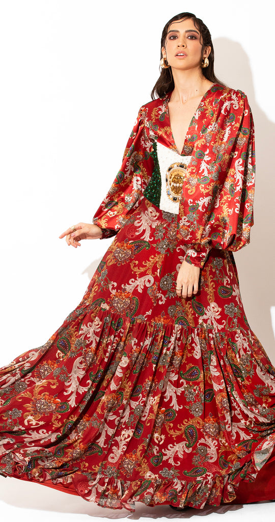 Vestido maxi rojo grecas