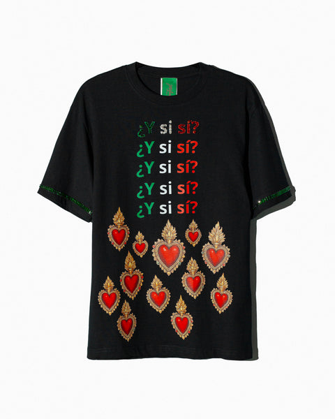 T- shirt negra ¿Y si sí? con corazones