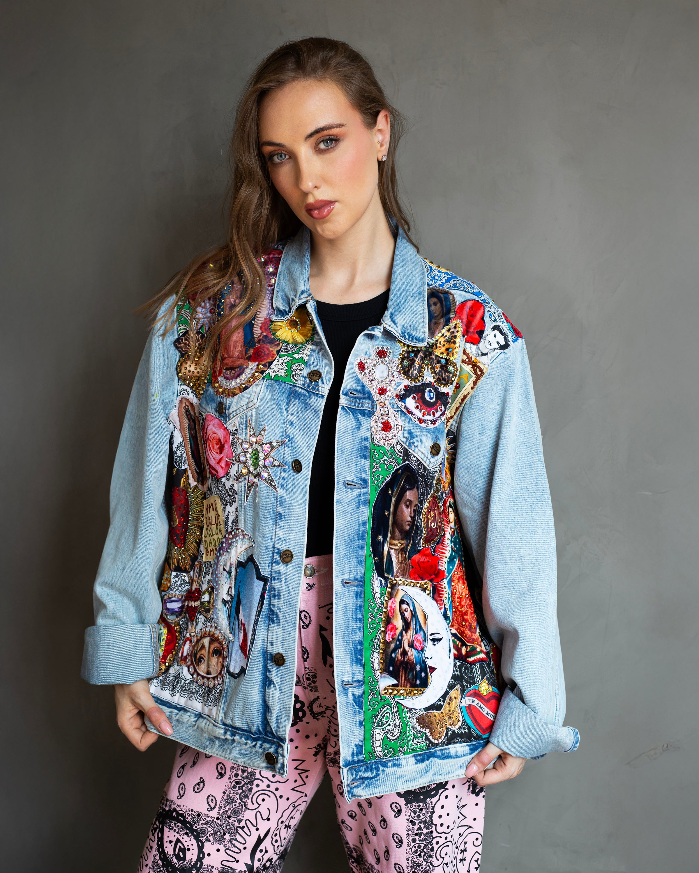Chamarra parches mexicanos bordada a mano oversized