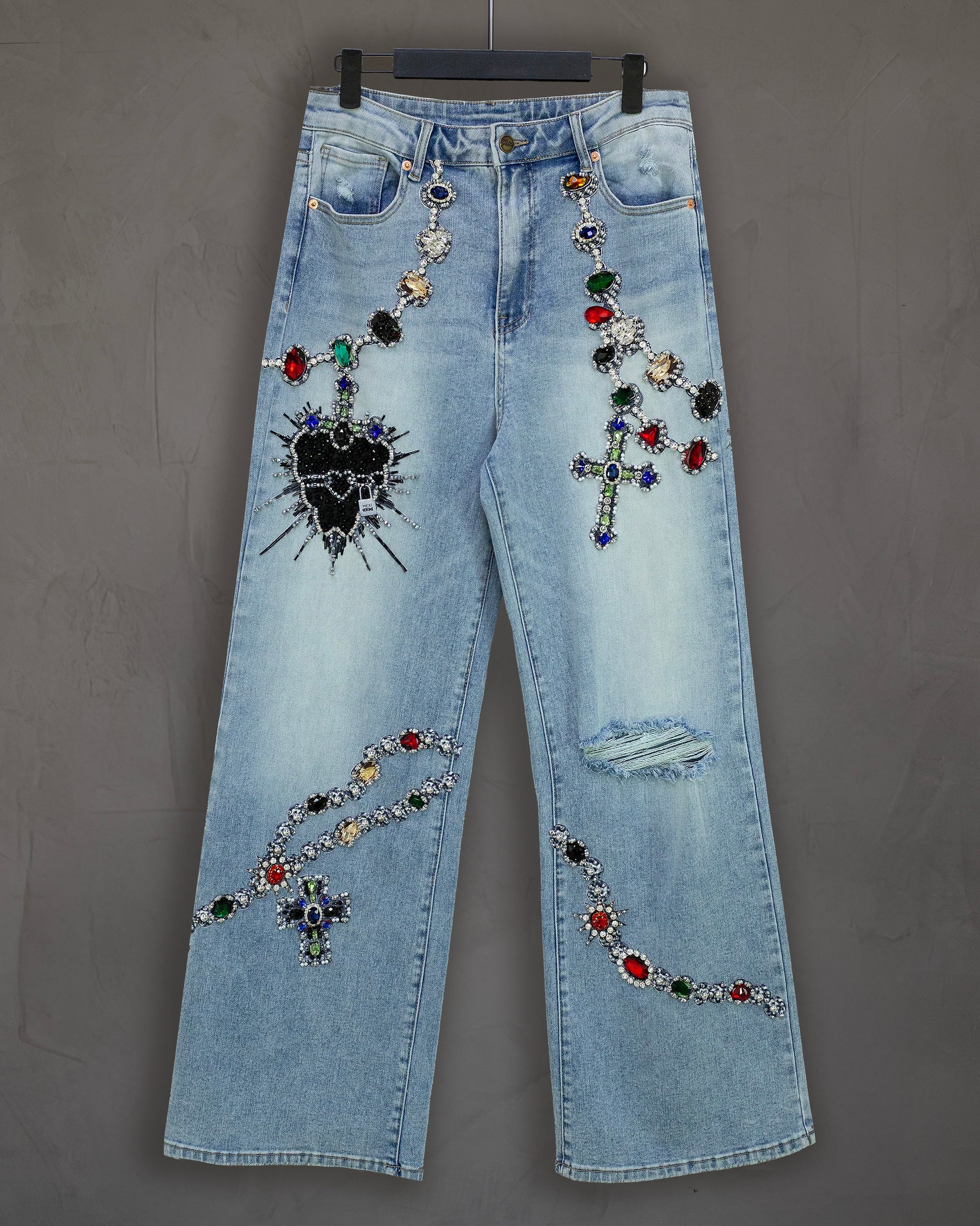 Ripped jeans rosary con corazones (Pre-orden)
