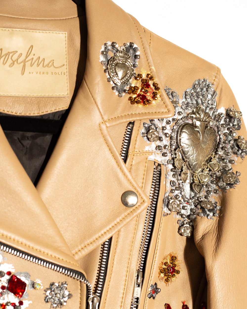 Biker jacket camel corazones y cruces
