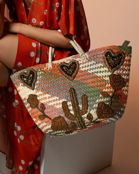 Bolsa Artesanal Cactus y Corazones Bordados