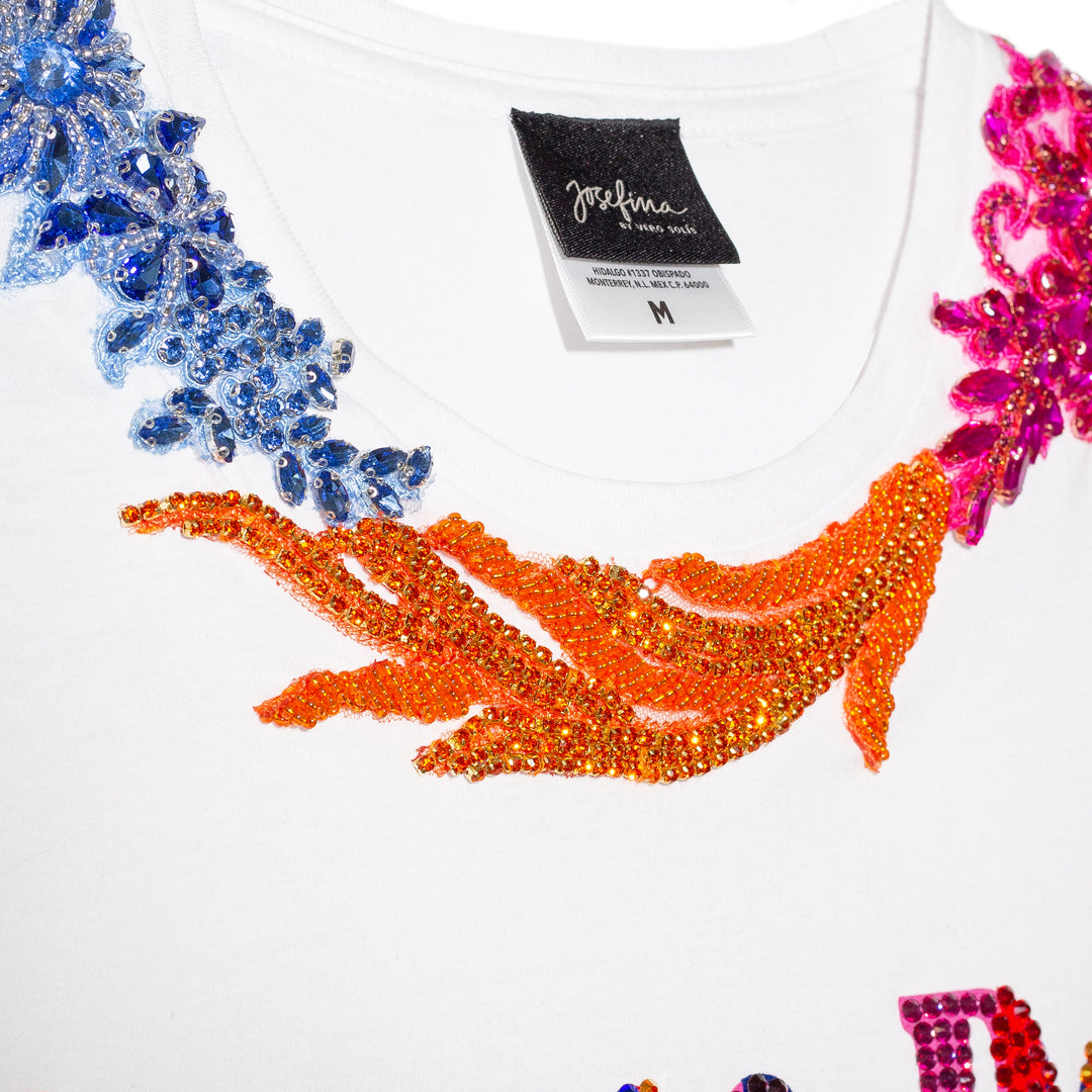 T shirt blanca Zarape Pop con aplicaciones