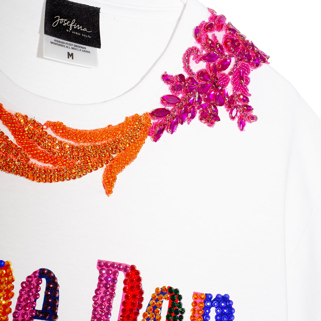 T shirt blanca Zarape Pop con aplicaciones
