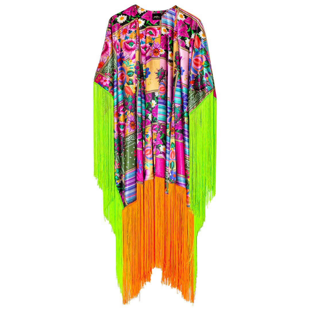 Kimono patchwork con flecos neon