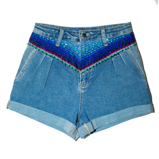 Denim short zarape con cristales
