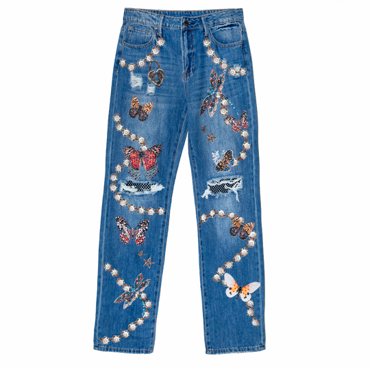 Boyfriend jeans mesh cristales y mariposas