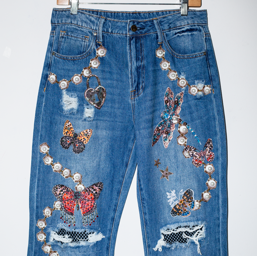 Boyfriend jeans mesh cristales y mariposas