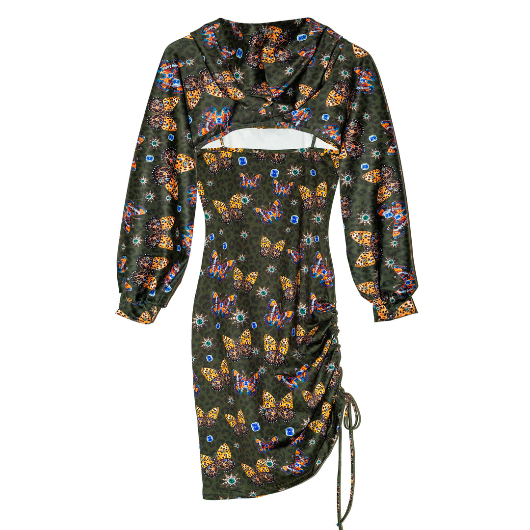 Draped dress con hoodie verde animal print mariposas