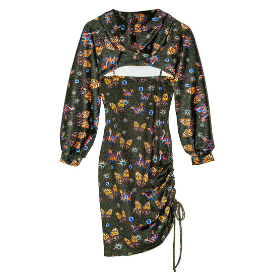 Draped dress con hoodie verde animal print mariposas