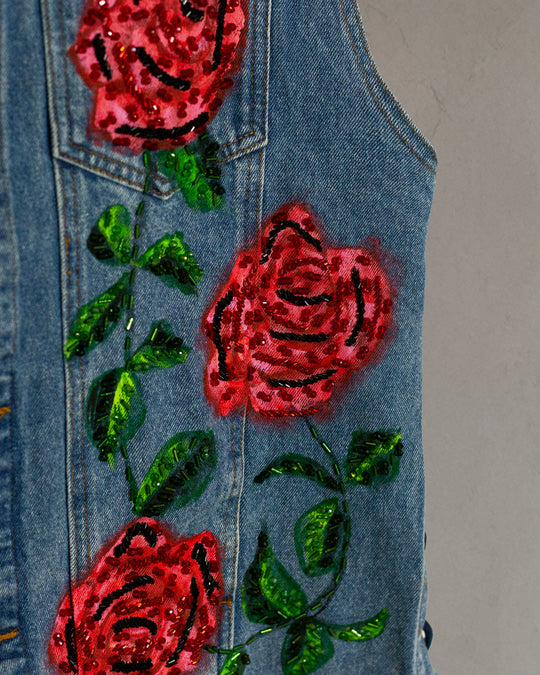 Chaleco denim Virgen de Guadalupe con rosas